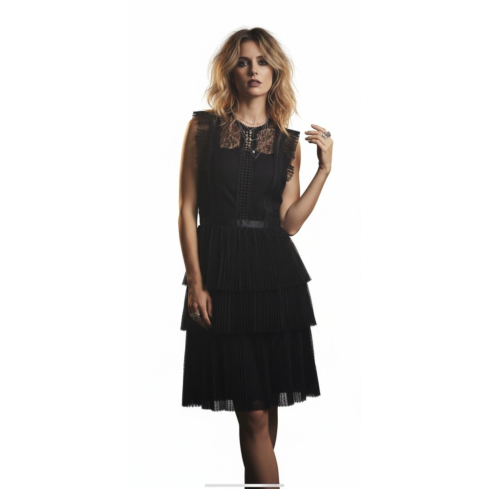 NWT Heartloom Stevie Knicks Vibes Dress Womens Large Black Lace Pleated Ruffle